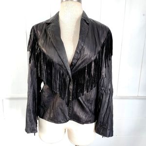 Vintage Beau Geste leatherware black fringe jacket western, stagecoach festival